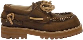 Moschino Schoenen, Dames, Bruin, 36 EU, Leer, Suede Whipstitch-Trim Loafers