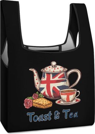Generic UK Flag Toast Tea Shopping Bag Reusable Grocery Tote Bag Foldable Handbag for Travel Picnic