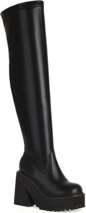Generic Womens Chunky Sole Thigh-High Boots with Side Zip,Platform & Elastic Fit,Black,5.5 UK