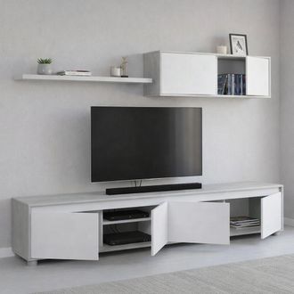 Dmora Dmora - Mueble Tv Para Sal&oacute;n Con Cuatro Puertas, Con Mueble Alto Y Balda, Color Cemento Y Blanco Artik, Medidas Mueble Tv 200 X 43 X 41 Cm Mueble Tv 1