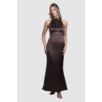 Coast Satin Halter Maxi Bridesmaid Dress in Chocolate at Nordstrom, Size 14