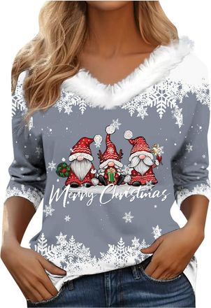 Generic Christmas Tops for Women UK Fashion Sparkly Christmas Tree Printed Jumppers Pllush for Collar V Neck Pullover Sweatshirt Ladies Casual Long Sleeve Shi