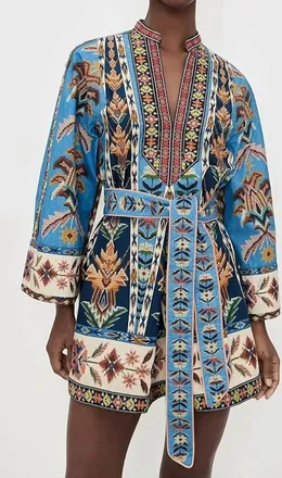 Farm Rio Womens Embroidered Tapestry Mini Dress In Blue