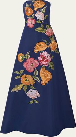 Carolina Herrera Strapless Floral Embroidered A-Line Gown