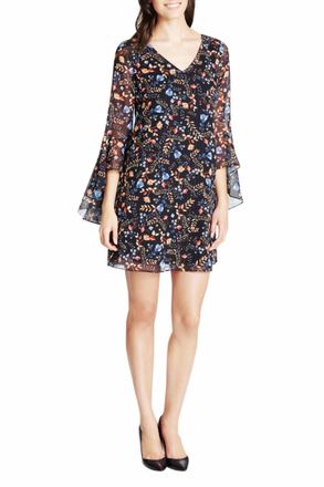 Kensie Unlined Chiffon Sleeve High Low Cuff Ruffle Detail V-Neck Shift Dress In Black