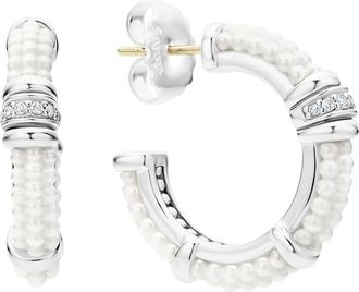 Lagos White Caviar Ceramic & Diamond Hoop Earrings in Silver/Diamond at Nordstrom
