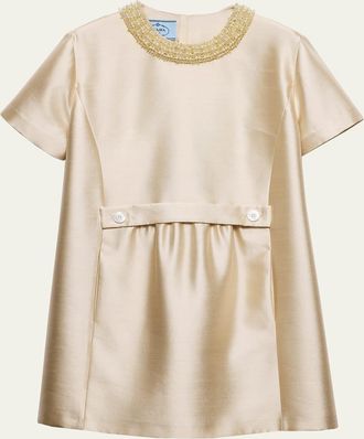 Prada Beaded Gazar Silk Short-Sleeve Mini Dress