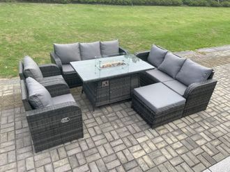 Fimous Garden Patio Furniture Wicker Rattan Gas Fire Pit Table & Sofa set with Recling Chair Big Footstool in Dark Grey