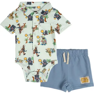 Star Wars 2-Piece Button Down Shirt and Shorts Set in Mint Blue Vader Chewie at Nordstrom, Size Newborn