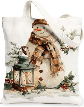 Generic Snow Man Canvas Tote Bags, Festive Winter Scene Reusable Grocery Bags, Cozy Holiday Lightweight Washable Shoulder Strap Canvas for Shopping Travel Gif