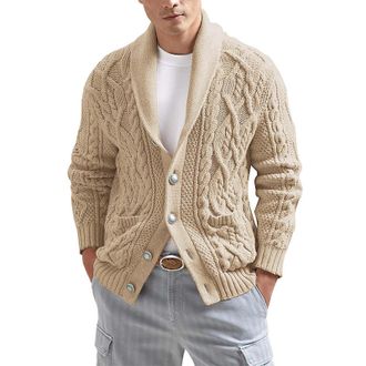 Generic Mens Knitted Cardigan, Cable Knit Jumper Long Sleeve, Shawl Collar Button Knitwear, Chunky Knitted Jacket Thick Thermal Winter Outerwear Tops Casual S