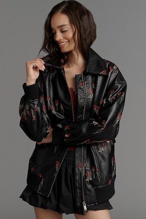 Maeve Faux Leather Floral-Embroidered Bomber Jacket