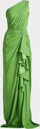 Tadashi Shoji One-Shoulder Shirred Ruffle Gown