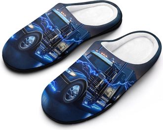 Generic Blue Truck in Thunder Mens Soft Cotton Slippers with Memory Foam Anti-skid House Shoes for Travel Indoor Outdoor