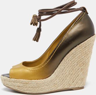 Sergio Rossi Ombre Gold Leather And Jute Ankle Wrap Wedge Pumps
