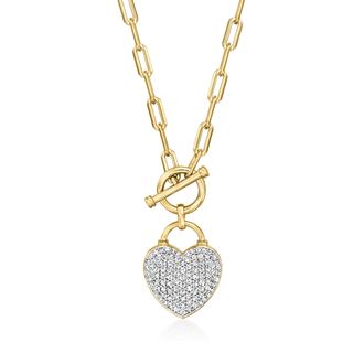 Ross-Simons Diamond Heart Lock Toggle Necklace in 18kt Gold Over Sterling and Sterling Silver