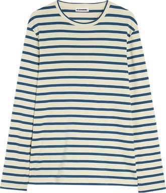 Jil Sander Cream/Blue Stripe Long-Sleeve Cotton Top