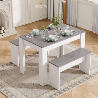 Merax Marble Effect Dining Table with 2 Benches, 3 Piece Kitchen Dining Set in Grey