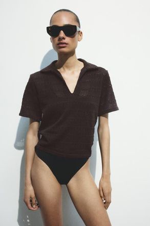 H&M Crochet-look Polo Shirt in Dark Brown at Nordstrom, Size X-Small