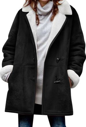 Generic Winter Jackets For Women Uk Sherpa Fleece Lined Warm Coats Ladies Faux Suede Fuzzy Hoodies Plus Size Horn Button Hooded Jacket Casual Thicken Thermal 