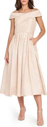 Tahari by ASL Crushed Taffeta Cold-Shoulder Fit & Flare Cocktail Dress in Champagne at Nordstrom, Size 12