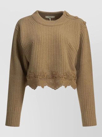 Chlo&eacute; crew neck sweater lace trim buttons