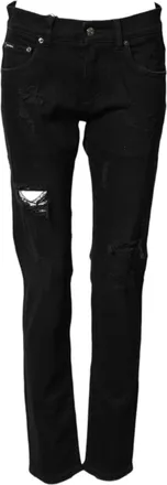 Dolce & Gabbana Black Tattered Cotton Men Skinny Denim Jeans Co+02 Clothing