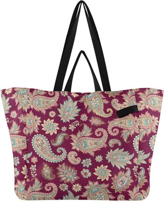 Generic Flowers Paisley Red print Reusable Canvas Tote Bag, Heavy Duty Grocery Shopping Bag with Hard Bottom Large Capacity Double Handles Work Groceries Trav