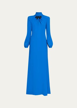 Valentino Garavani Bow Embroidered Turtleneck Long-Sleeve Silk Gown