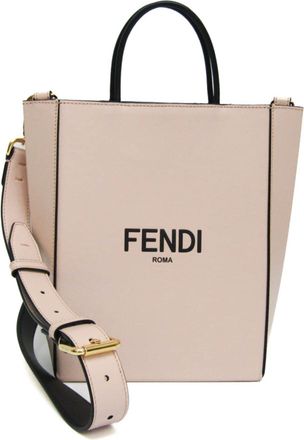 Fendi Logo Shopper Beige Leather Shoulder Bag (Pre-Owned)