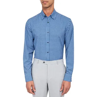 W.R.K Regular Fit Mosaic Gingham Stretch Performance Dress Shirt in Navy at Nordstrom Rack, Size 17.5