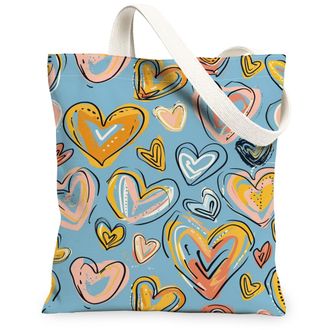 Generic Hearts Pattern Canvas Tote Bags, Colorful Heart Design Reusable Grocery Bags, Lightweight Washable Shoulder Strap Canvas Fo, Blue, 13x15 Inch