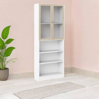 Dmora Dmora - Estante Para Libros Chedeng, Estante De Oficina, Porta Libros M&oacute;vil, Biblioteca, 79x28 H203 Cm, Blanco Y Roble