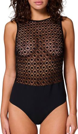 Simone P&eacute;r&egrave;le Apolline Sheer Lace & Microfiber Teddy in Black at Nordstrom, Size Large