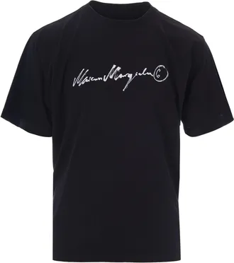 Maison Margiela Black T-Shirt with Painted Logo and Ribbed Neckline