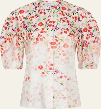 Gabriela Hearst Edify Degrade Floral Silk Puff-Sleeve Top