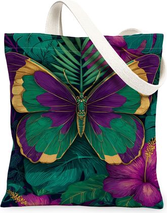 Generic Tropical Butterfly Canvas Tote Bags, Floral Plant Pattern Reusable Grocery Bags, Vintage Lightweight Washable Shoulder Stra, Green, 13x15 Inch
