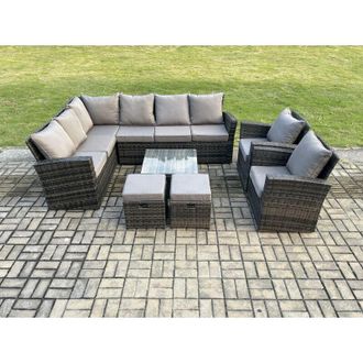 Fimous Rattan Garden Furniture Set Outdoor Lounge Corner Sofa Set With Square Coffee Table 2 Small Footstools Armchair 10 Seater Dark Grey Mixed - Fimous
