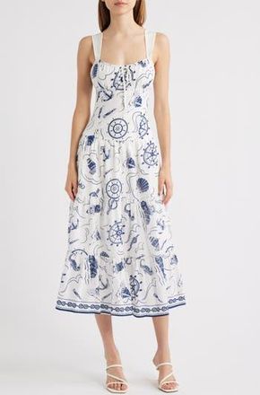 Moon River Print Ruffle Hem Sleeveless Midi Dress in Ivory Multi at Nordstrom Rack, Size X-Small