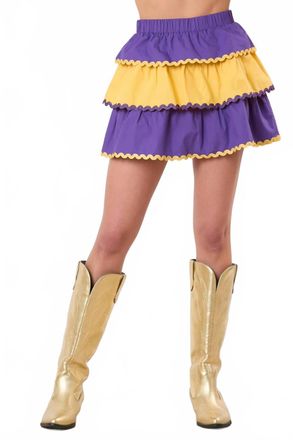 Peach Love California Color Block Tiered Mini Skirt In Purple/yellow