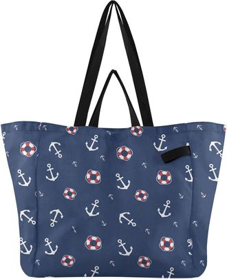 Generic Round Wave Blue print Reusable Canvas Tote Bag, Heavy Duty Grocery Shopping Bag with Large Capacity Double Handles Hard Bottom Work Groceries Travel