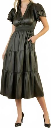 THML Clothing Flutter Sleeve Faux Leather Midi Dress In Olive