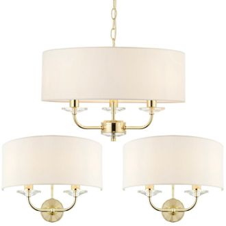 Loops 3 Bulb Ceiling Pendant Lamp & 2x Matching Twin Wall Light Modern Brass Plate in Metallics