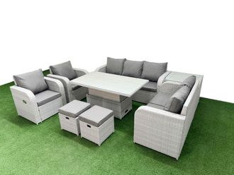 Fimous PE Rattan Garden Furniture Set Reclining Chair Sofa Double Love Seat 2 Seater Sofa Lounge Set Adjustable Lifting Dining or Coffee Table 2