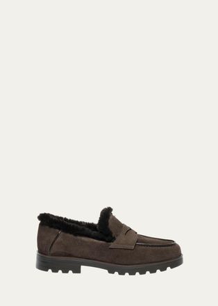 Santoni Shearling-Lined Suede Penny Loafers