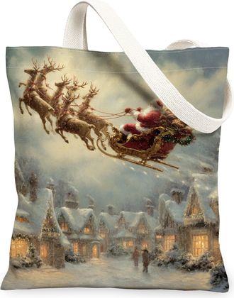 Generic Christmas Reindeer Canvas Tote Bags, Holiday Sleigh Design Reusable Grocery Bags, Winter Vintage Lightweight Washable Shoul, White, 13x15 Inch