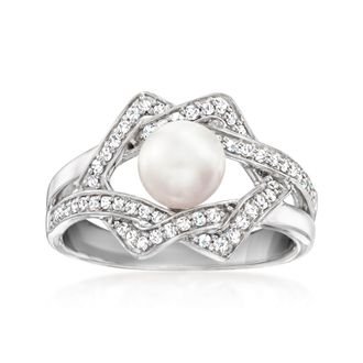 Ross-Simons 6-6.5mm Cultured Pearl and. Diamond Interlocking Ring in Sterling Silver