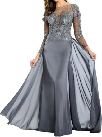 Montage by Mon Cheri Embroidered Bodice Long Sleeve Dress In Smoke