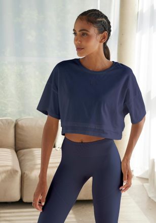 Lascana Kurzarmshirt LASCANA, Damen, Gr. XL (48/50), blau (dunkelblau), Single Jersey, Obermaterial: 95% Baumwolle, 5% Elasthan, l&auml;ssig geschnitten bauchfrei,