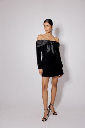 Nobody's Child Black Velvet Off Shoulder Bow Capricorn Mini Dress